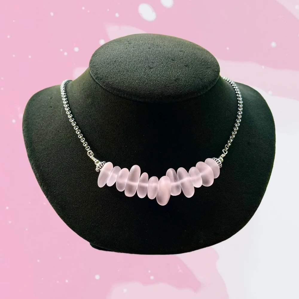 Frosted pink crystal quartz gemstones chips bar choker necklace boho stones - Picture 7 of 11